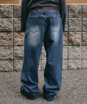 신치 백 워시드 오버 커브드 데님 팬츠 [블루]