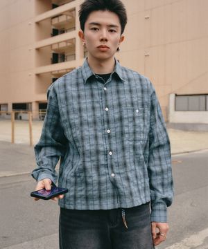 크롭 롤 업 체크 셔츠 [블루]