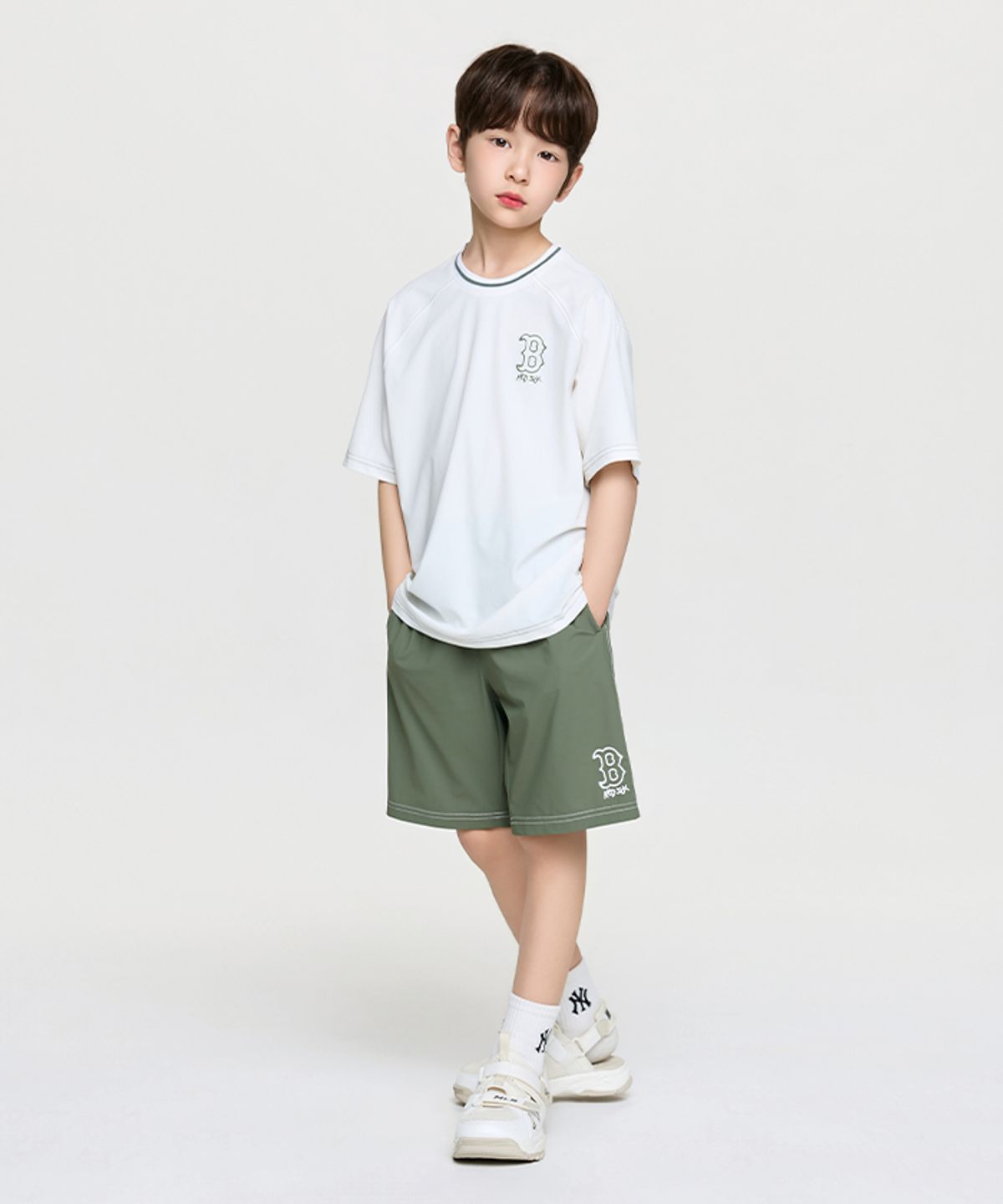 엠엘비 키즈(MLB KIDS) 스트릿 베이직 우븐 빅로고 티셔츠세트 BOS (Khaki)