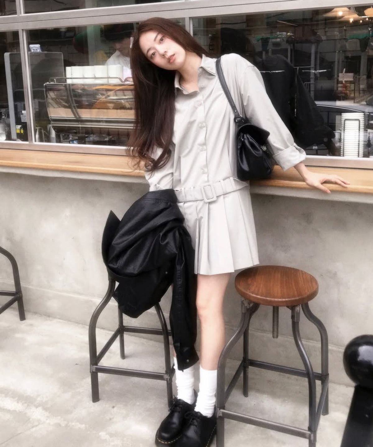 러벤티나(LOVENTINA) 뉴로우 플리츠 원피스_카키그레이