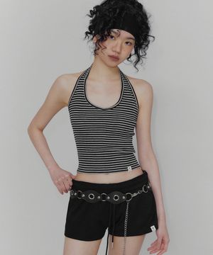 브린드 홀터넥 스트라이프 슬리브리스