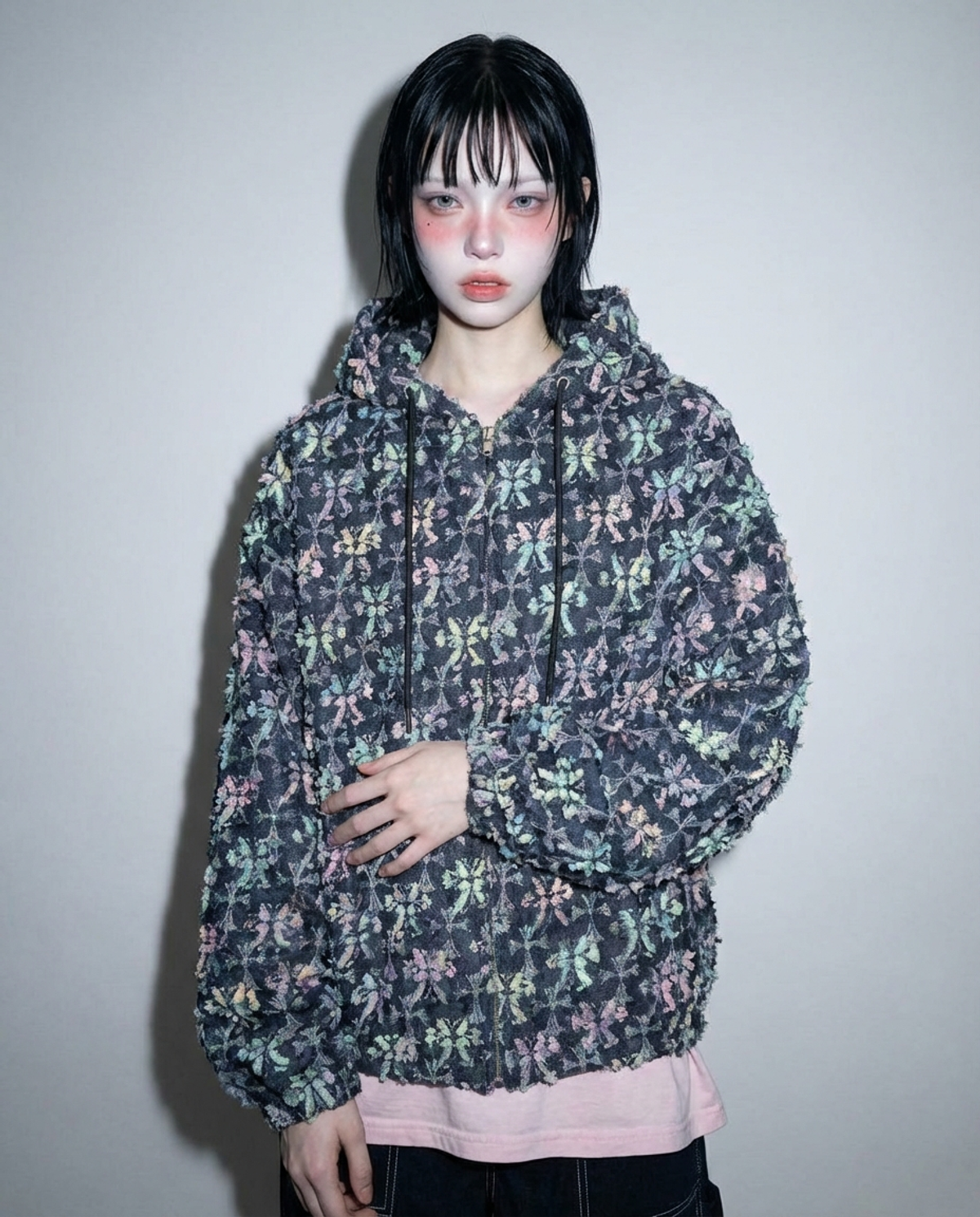 에이메이드(A MADE) 자카드 자수 데님 오버사이즈 후드집업(인디고)