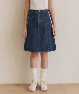 미디 플레어 데님 스커트 / 인디고
