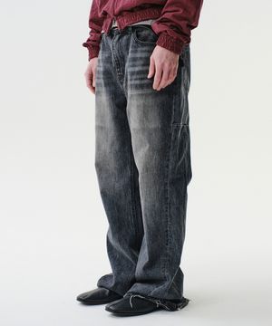 LOOSED SEMI FLARE DENIM PANTS (WASHED BLACK)