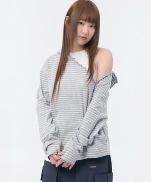 Diagonal button Layered hoodie GREY