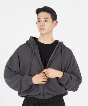 심플 컴포트 오버핏 TWO - WAY 세미크롭 후드 집업 (CHARCOAL)