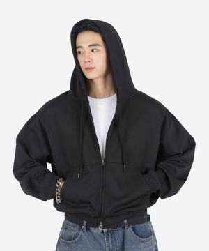 심플 컴포트 오버핏 TWO - WAY 세미크롭 후드 집업 (BLACK)