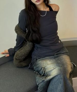 셔링 오프숄더 롱 슬리브_차콜