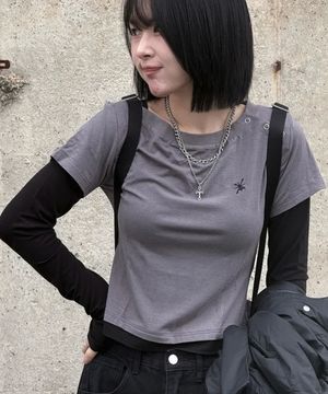 버튼넥 레이어드 롱 슬리브_차콜