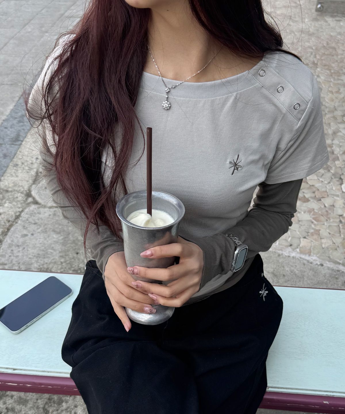 로우그(RAWGUE) 버튼넥 레이어드 롱 슬리브_라이트그레이