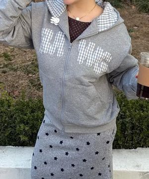 체크 로고 집업 후디_그레이