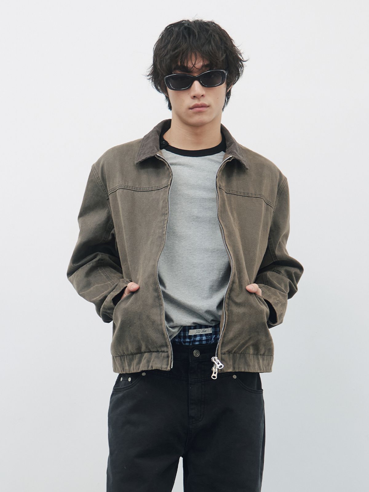 기준 맨(KIJUN MEN) Washed Leather Work Jacket Khaki Brown