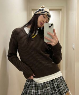 리브드 슬림 브이넥 니트_브라운