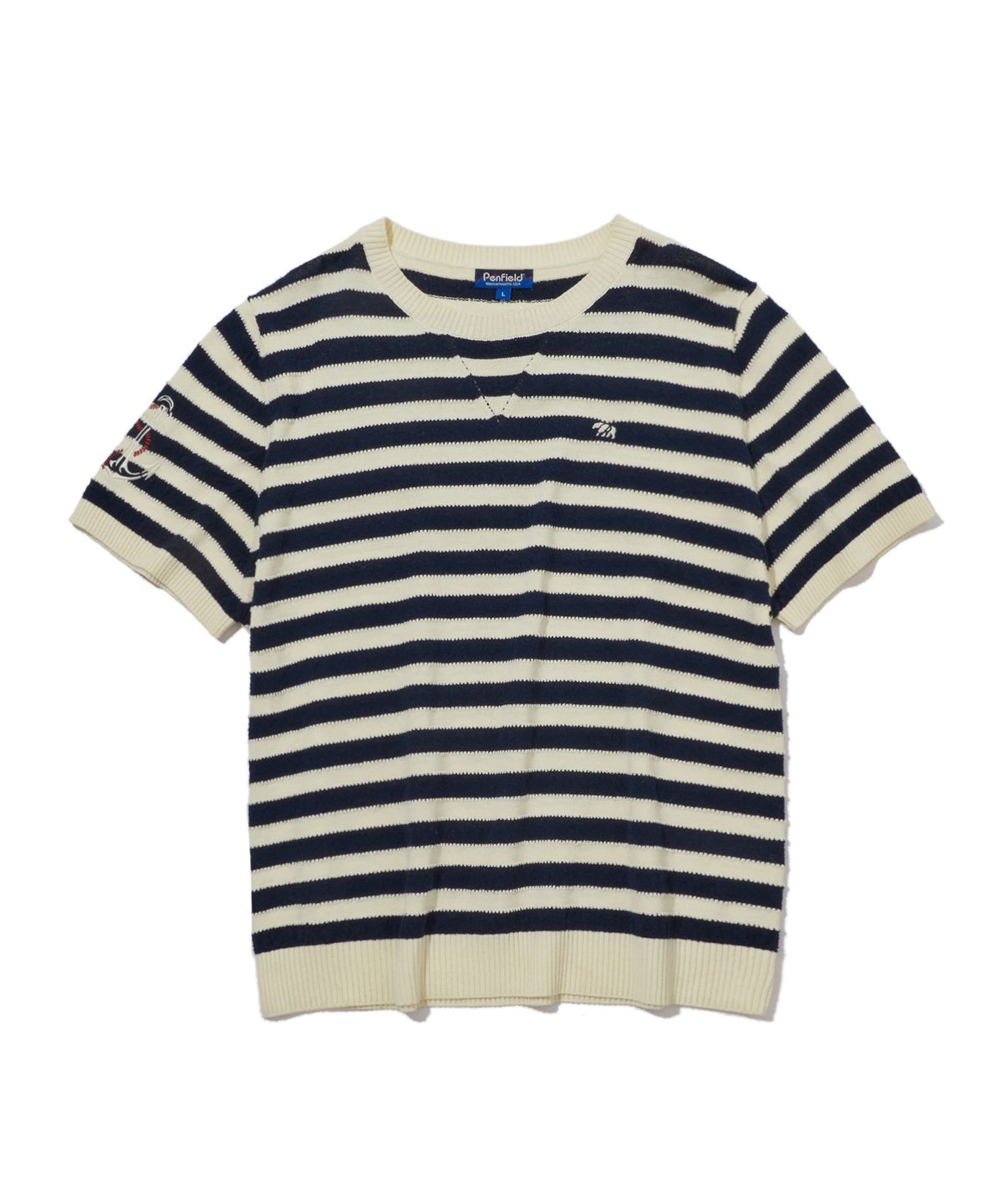 펜필드(PENFIELD) 라운드넥 스트라이프 반팔 니트 아이보리_FS2NT61U