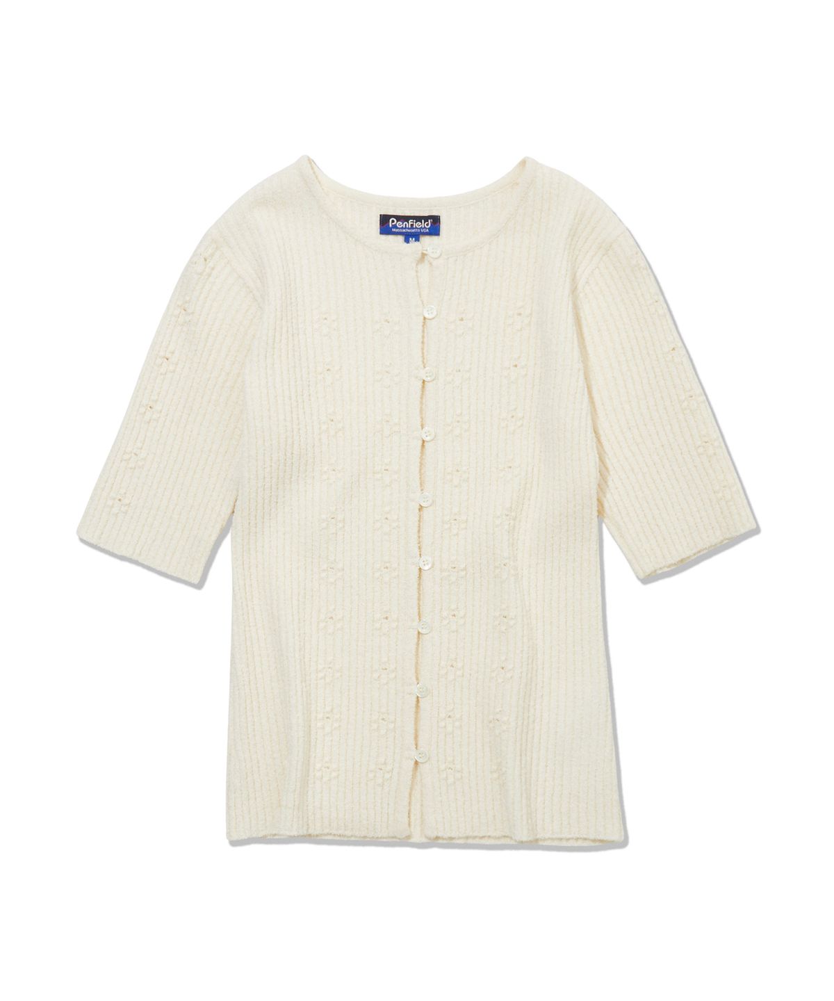 펜필드(PENFIELD) 라운드넥 부클 골지 플라워 포인트 반팔 가디건 오프화이트_FS2NJ06F