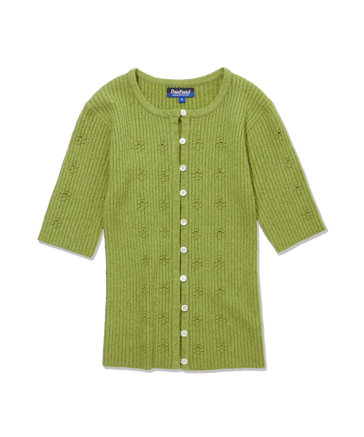 펜필드(PENFIELD) 라운드넥 부클 골지 플라워 포인트 반팔 가디건 그린_FS2NJ05F