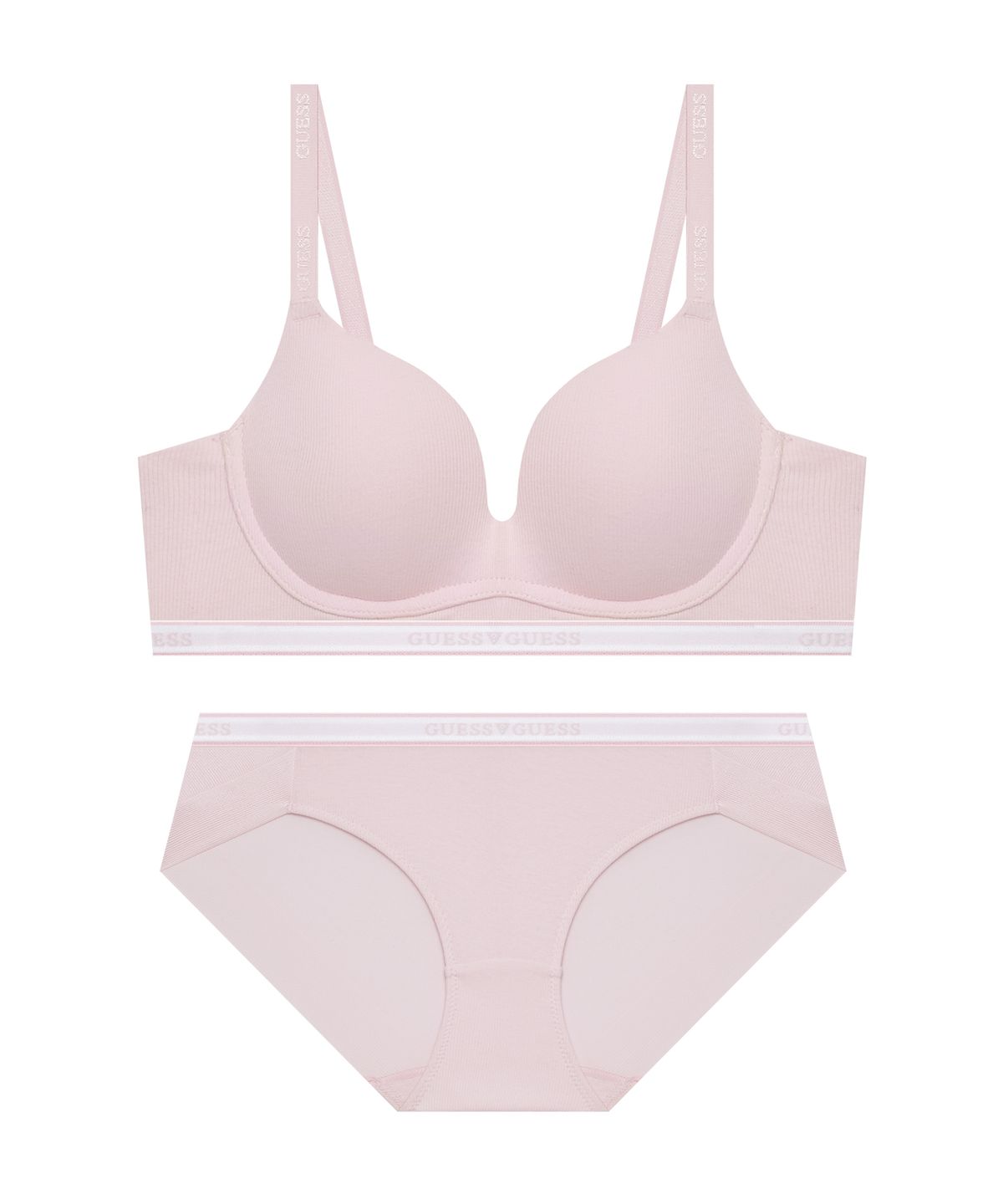 게스언더웨어(GUESS UNDERWEAR) 에센셜 골지 노와이어 브라 팬티 세트 - 라이트핑크