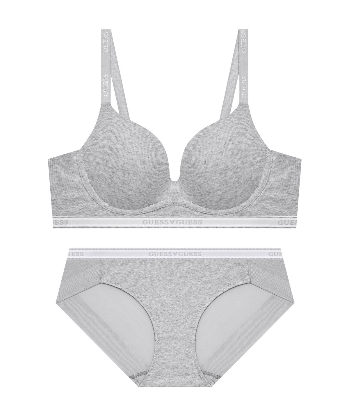 게스언더웨어(GUESS UNDERWEAR) 에센셜  골지 노와이어 브라 팬티 세트 - 멜란지