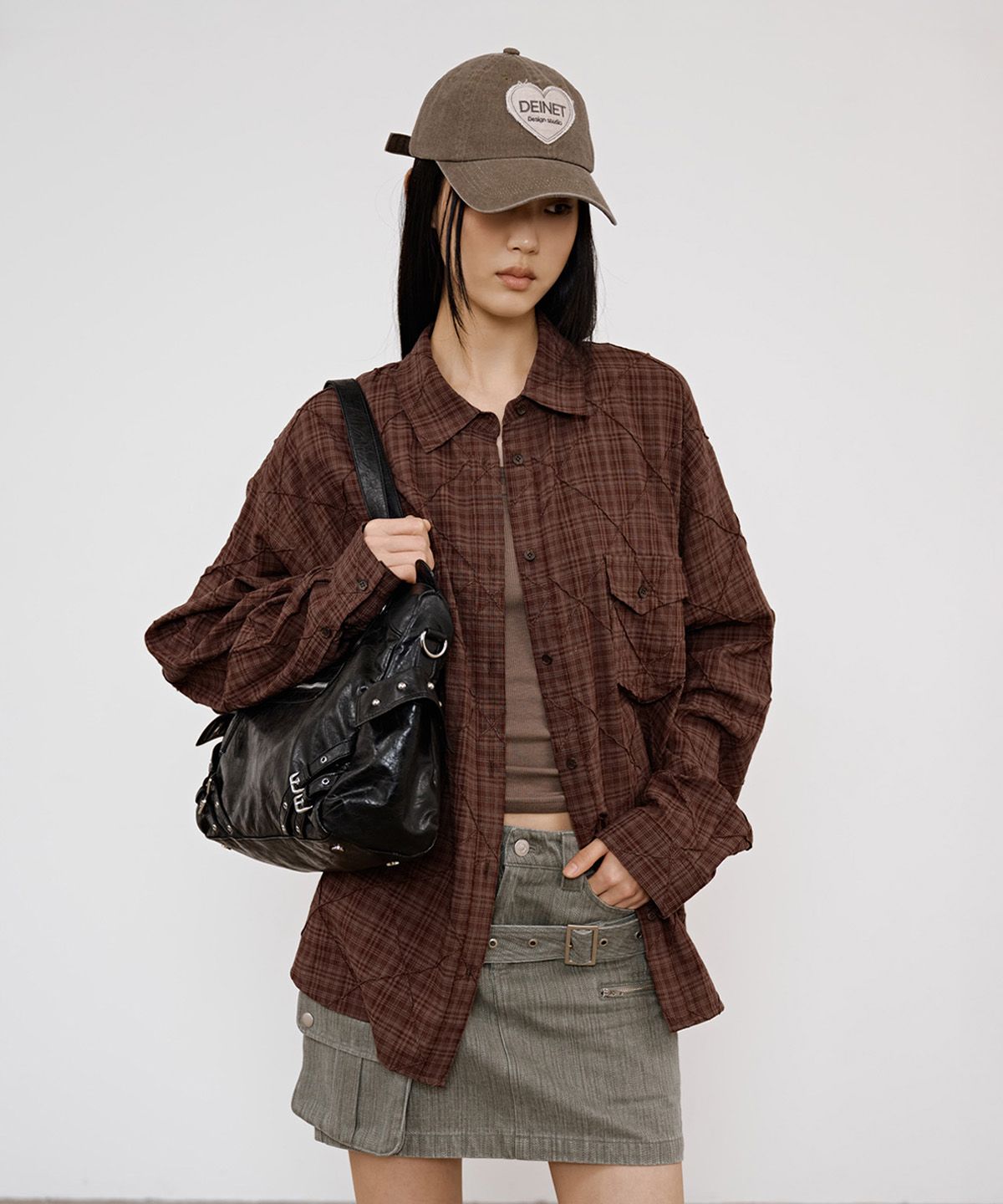 다이닛(DEINET) DOUBLE CHECKERED OVERFIT SHIRT IN BROWN