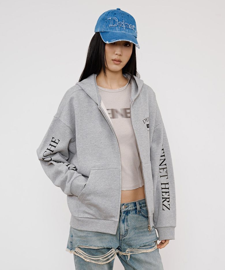 GERMAN LETTERING HOODIE ZIP-UP IN MELANGE GREY