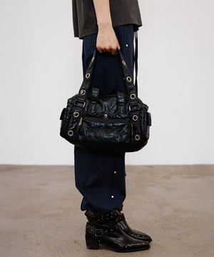 EYELET GLOSSY MINI DUFFLE BAG IN BLACK