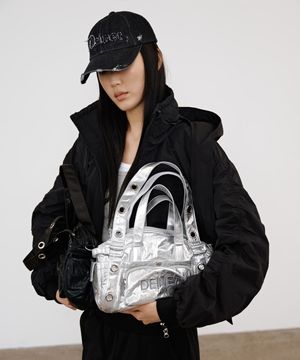 EYELET GLOSSY MINI DUFFLE BAG IN SILVER