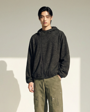 언발란스 니트 후드 집업_블랙