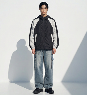 투톤 윈드 후드 집업 자켓_블랙