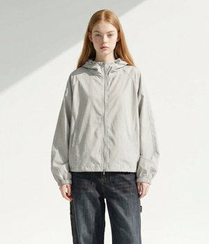 글로시 스티치 크롭 후드 집업 자켓_라이트그레이