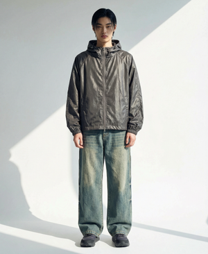 글로시 스티치 크롭 후드 집업 자켓_다크그레이