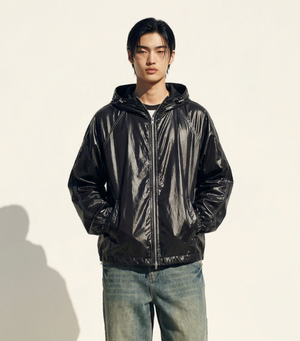 글로시 스티치 크롭 후드 집업 자켓_블랙