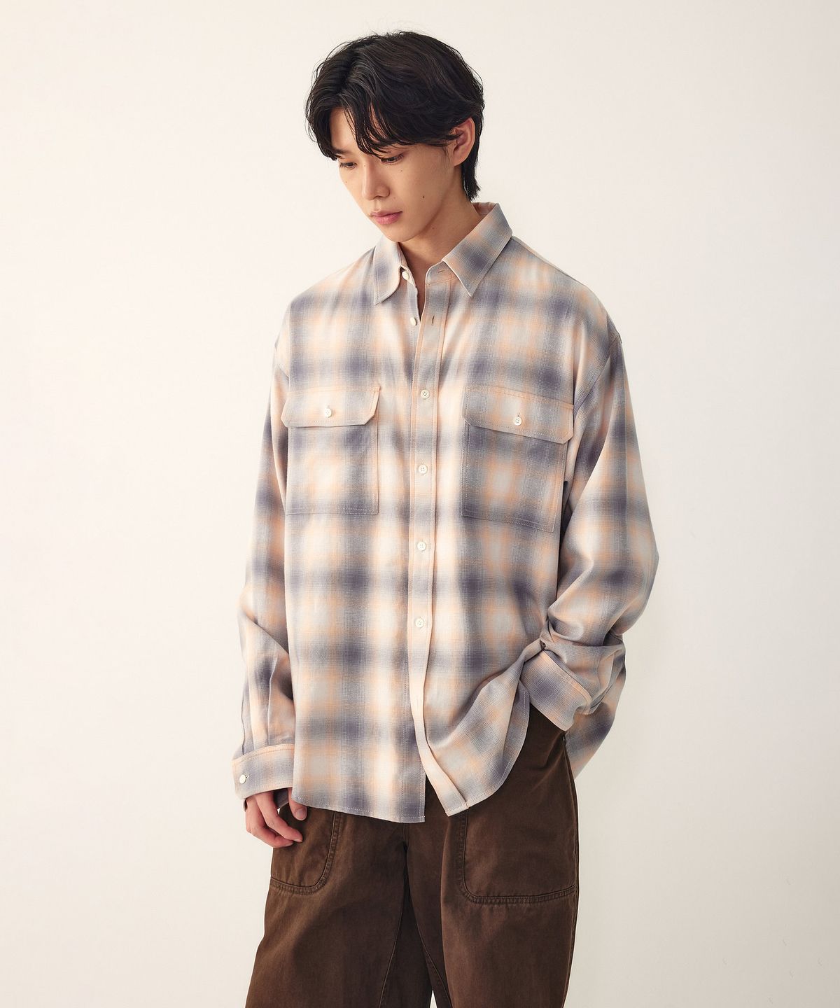 스튜디오 톰보이(STUDIO TOMBOY) [MEN] 아웃포켓 멀티 체크 셔츠_오렌지 9156121111
