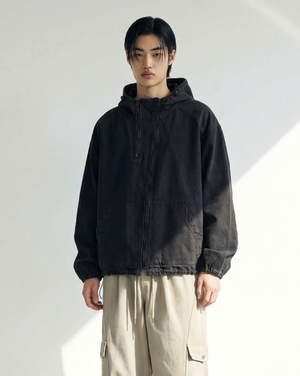 투넥 코튼 워싱 후드 집업 자켓_블랙