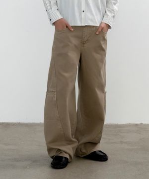 피그먼트 워시드 커브드 와이드팬츠_베이지