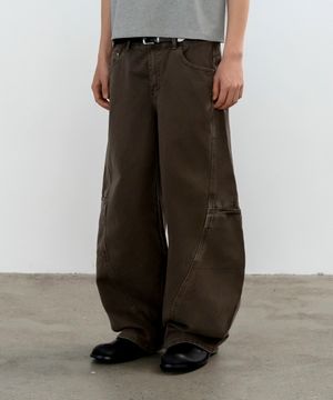 피그먼트 워시드 커브드 와이드팬츠_브라운