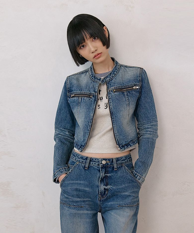 Dirty Embossed Distressed Zipped Denim Jacket (Mid Blue) / 26SPJK000MB