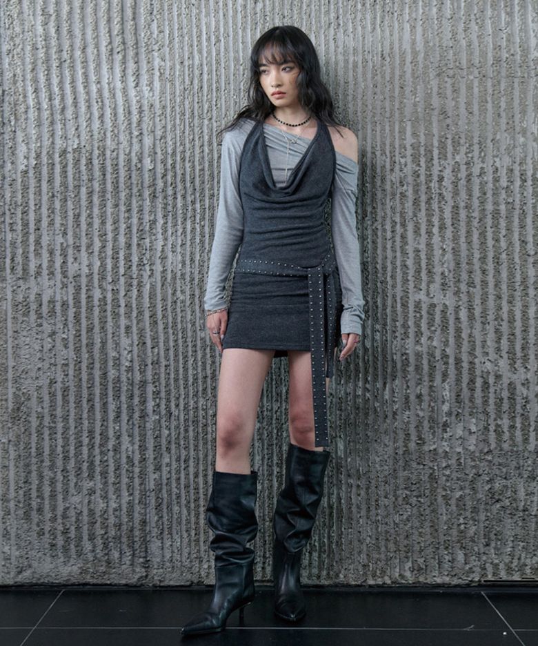 Halter-Neck Eyelet Belted Sleeveless Dress (Charcoal) / 26SPOP001CH