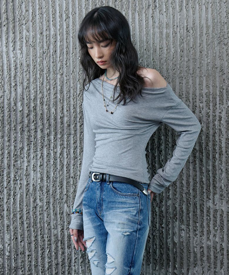 Off-shoulder Drape Long Sleeve T-shirt (Gray) / 26SPTS004GR