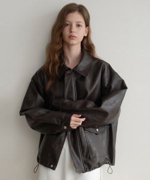 Les 포켓 레더 봄버 블루종(brown)