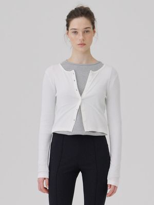 Crew neck Rib Cardigan White
