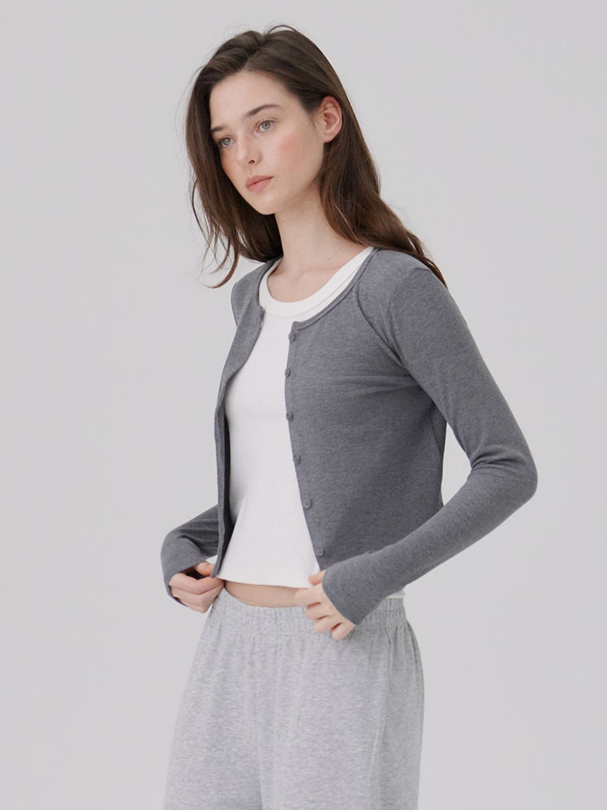 웨이브유니온(WAVE UNION) Crew neck Rib Cardigan Heather dark gray