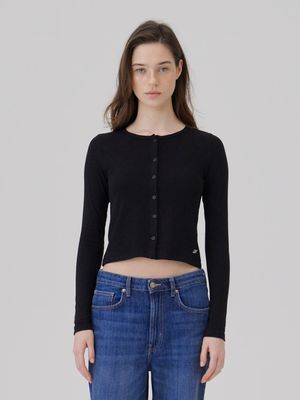 Crew neck Rib Cardigan Black