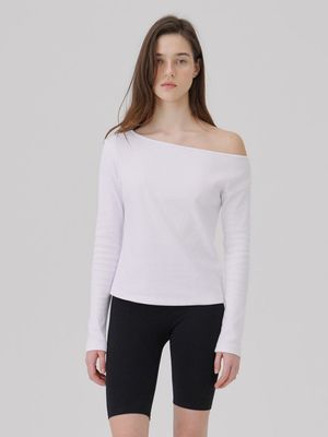 One shoulder Soft rib Long sleeve top White