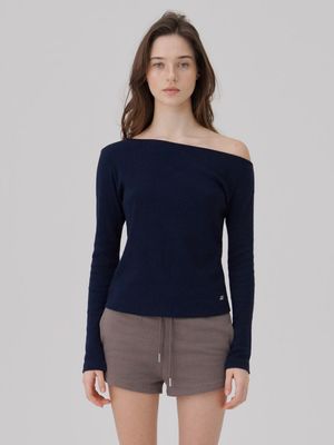 One shoulder Soft rib Long sleeve top Navy