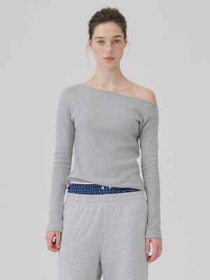 One shoulder Soft rib Long sleeve top Heather dark gray