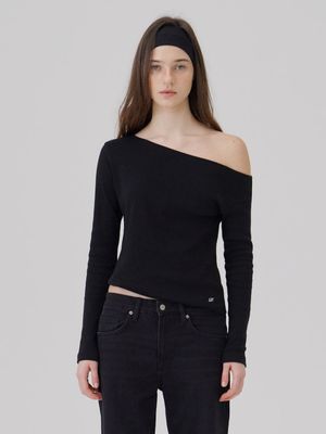 One shoulder Soft rib Long sleeve top Black