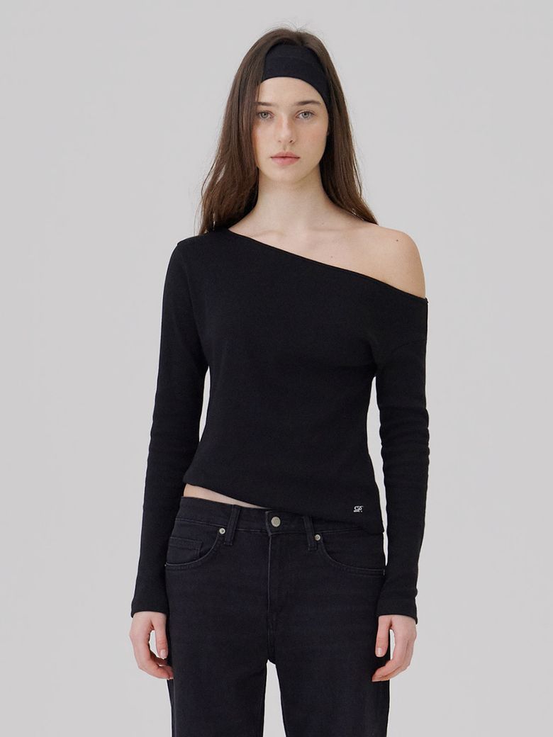One shoulder Soft rib Long sleeve top Black
