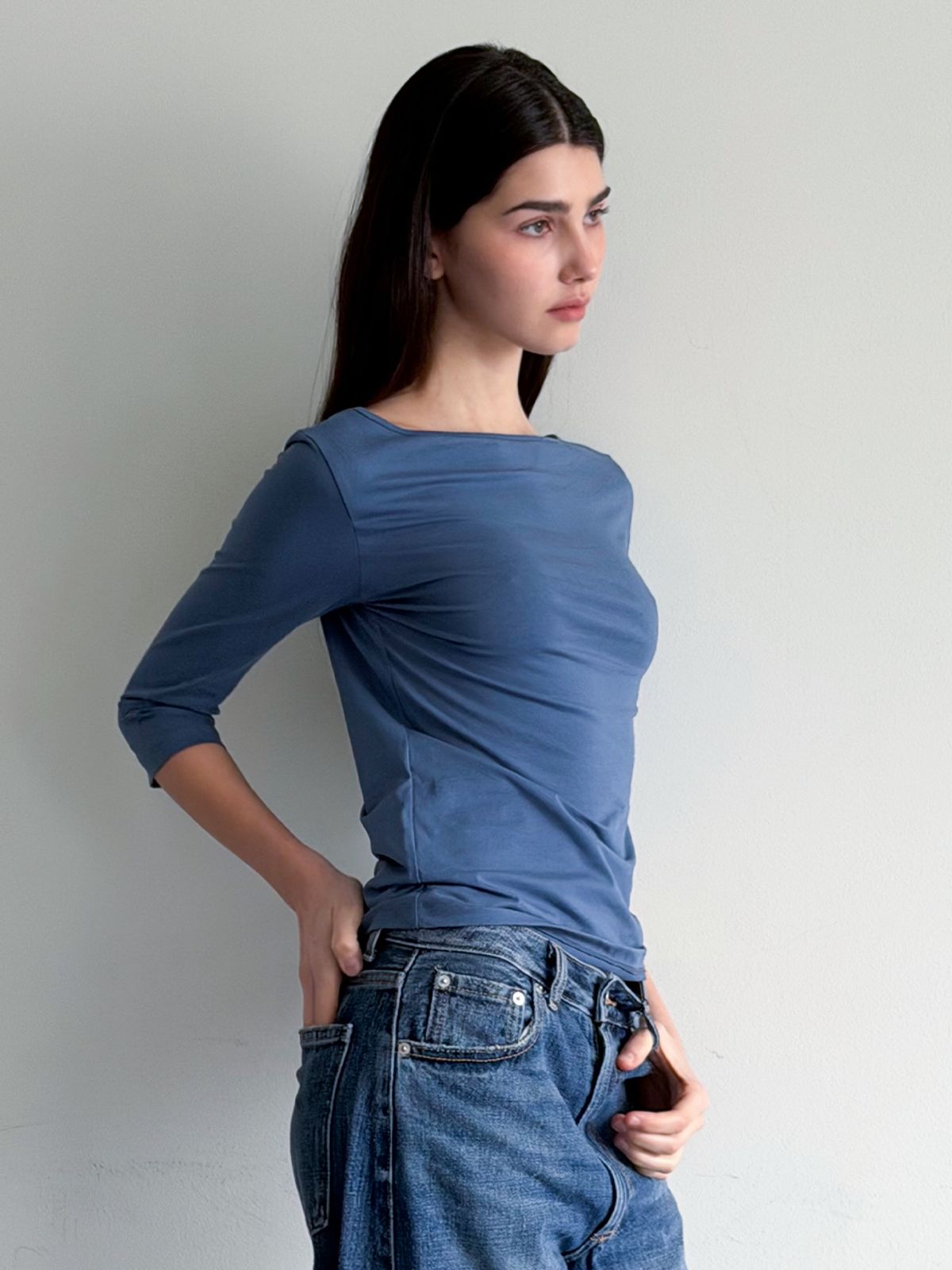 웨이브유니온(WAVE UNION) Convertible Three-quarter sleeve top Dark blue