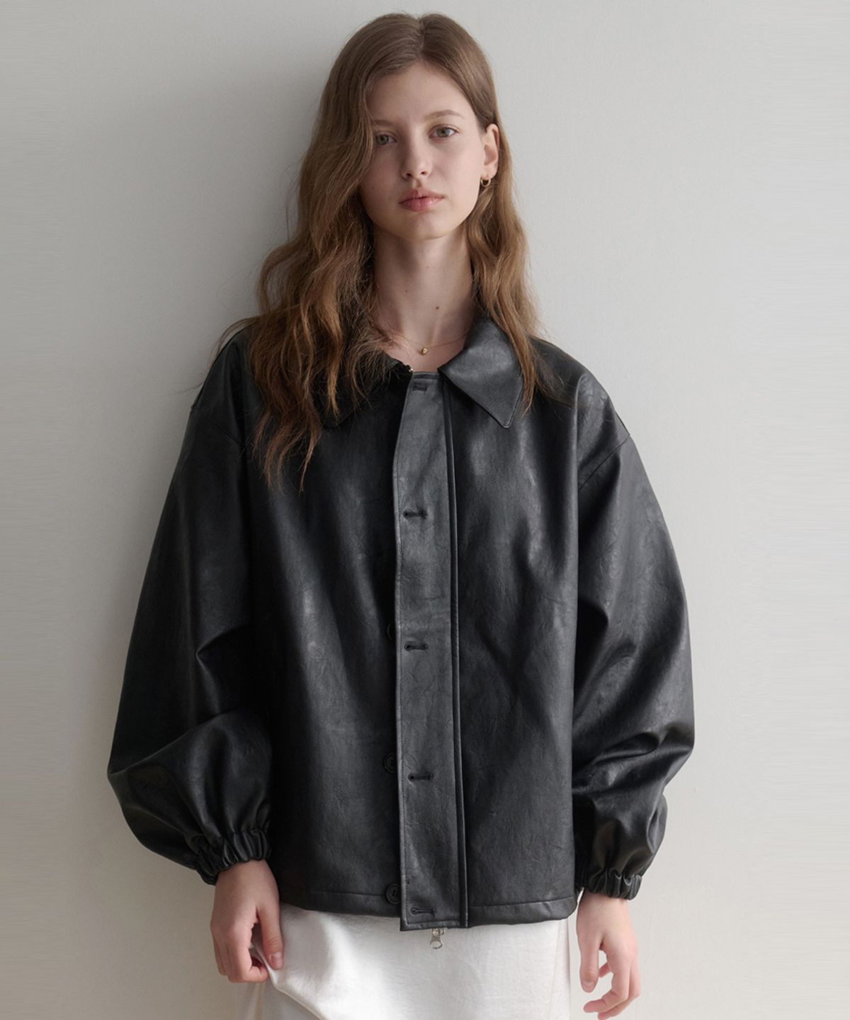 르나브(LENAV) esy button leather kara jacket (black)