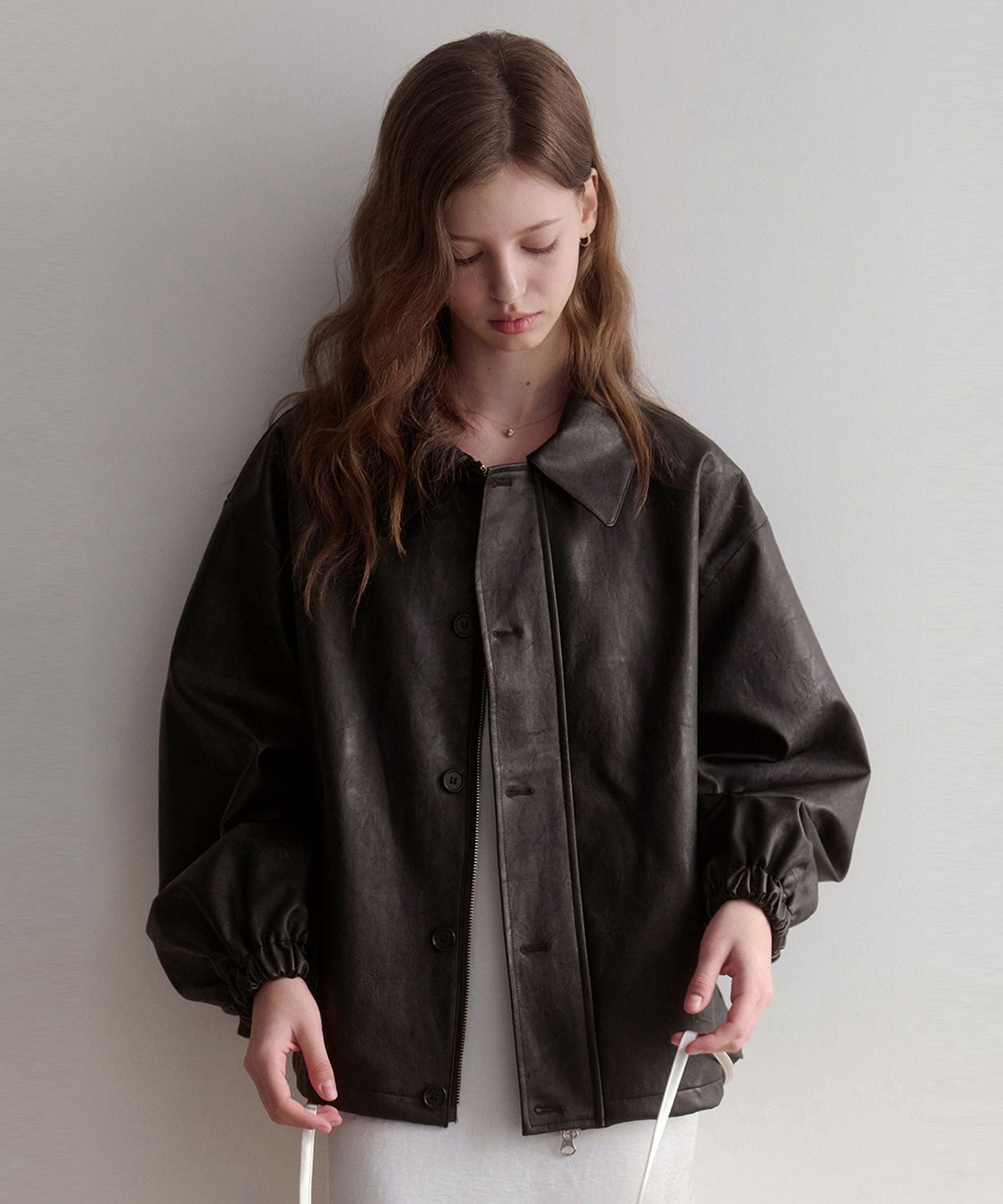 르나브(LENAV) esy button leather kara jacket (brown)